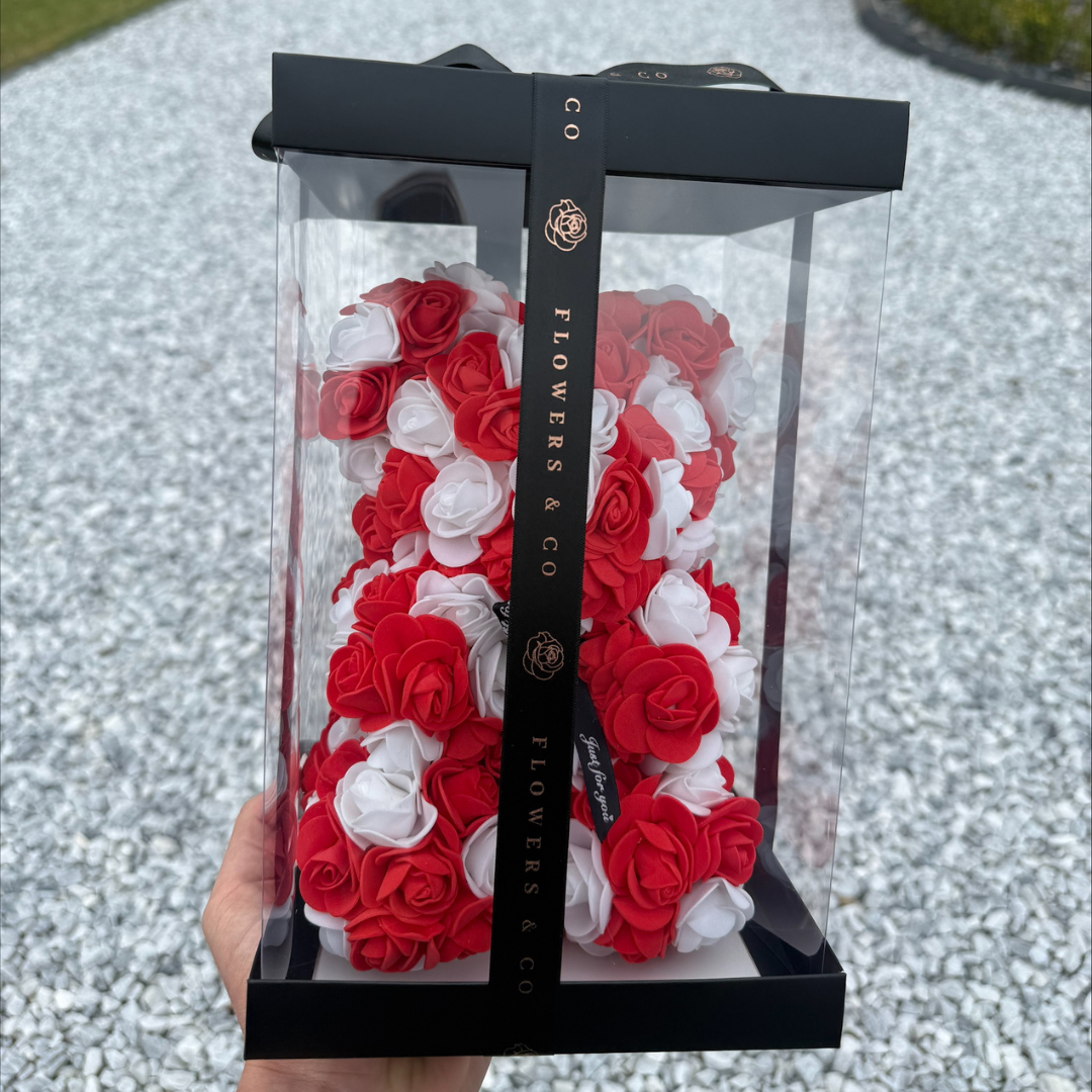 🎁 Red-White Rose Bear 25cm (100% off)